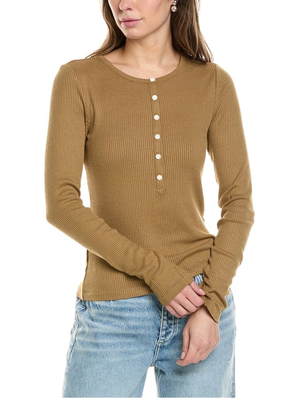 Rag & Bone The Knit Rib Henley Long Sleeve Tee Tan Khaki Medium